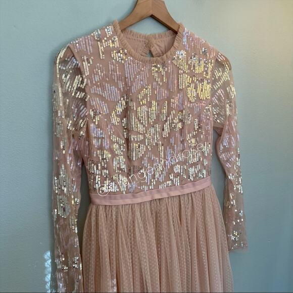 Needle & Thread Blush Pink Sequin Long Sleeve mesh Open Back Tulle Maxi Gown 6 - Picture 4 of 16